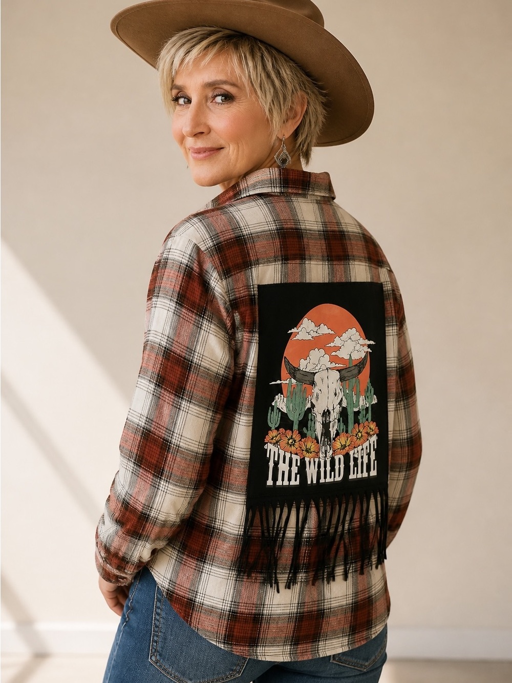 Western Upcycled Wild Life Fringe Flannel shirt Top Rodeo Cowgirl
